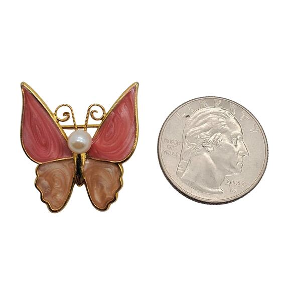 Pink & Tan Enamel Butterfly Brooch Vintage Faux Pearl Gold Tone Small Pin - Picture 2 of 3